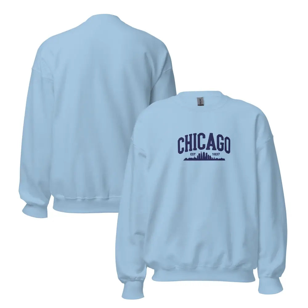 Light blue embroidered Chicago sweatshirt with skyline graphic by Trini Skies