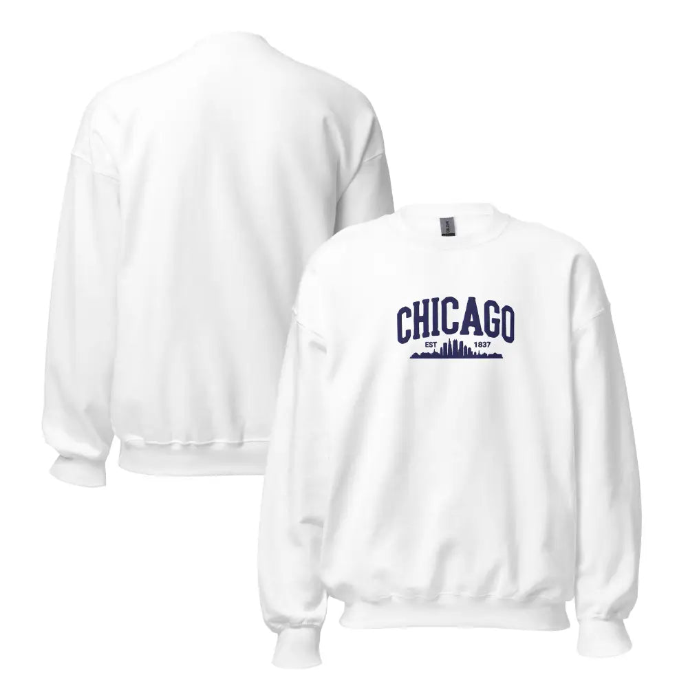 Embroidered Chicago sweatshirt with navy skyline graphic by Trini Skies