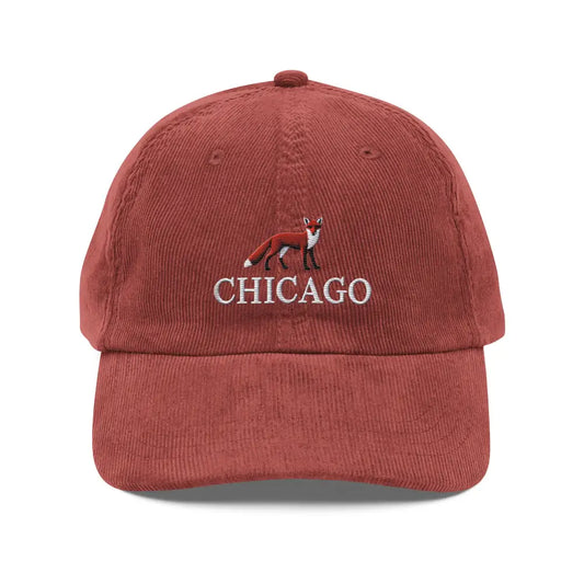 Chicago Embroidered Red Fox Vintage Corduroy Cap – Classic and Stylish - Burgundy - Hats corduroy baseball cap