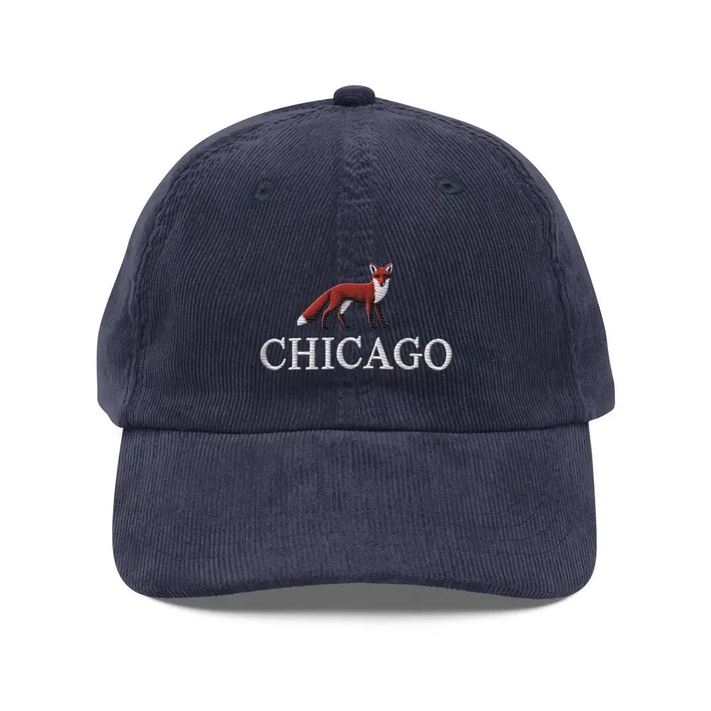 Trini Skies navy blue vintage corduroy cap with Chicago fox embroidery