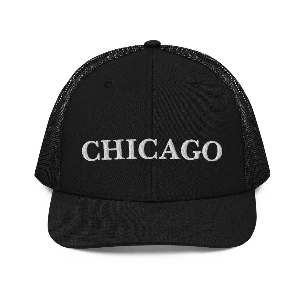 Black mesh-back Chicago embroidered Richardson 112 trucker cap by Trini Skies