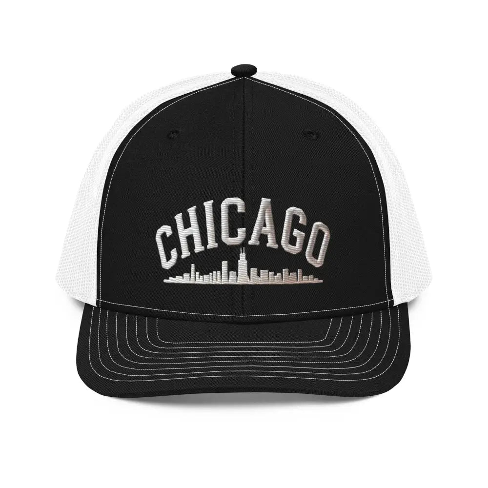 Black and white Chicago embroidered Richardson trucker cap with skyline