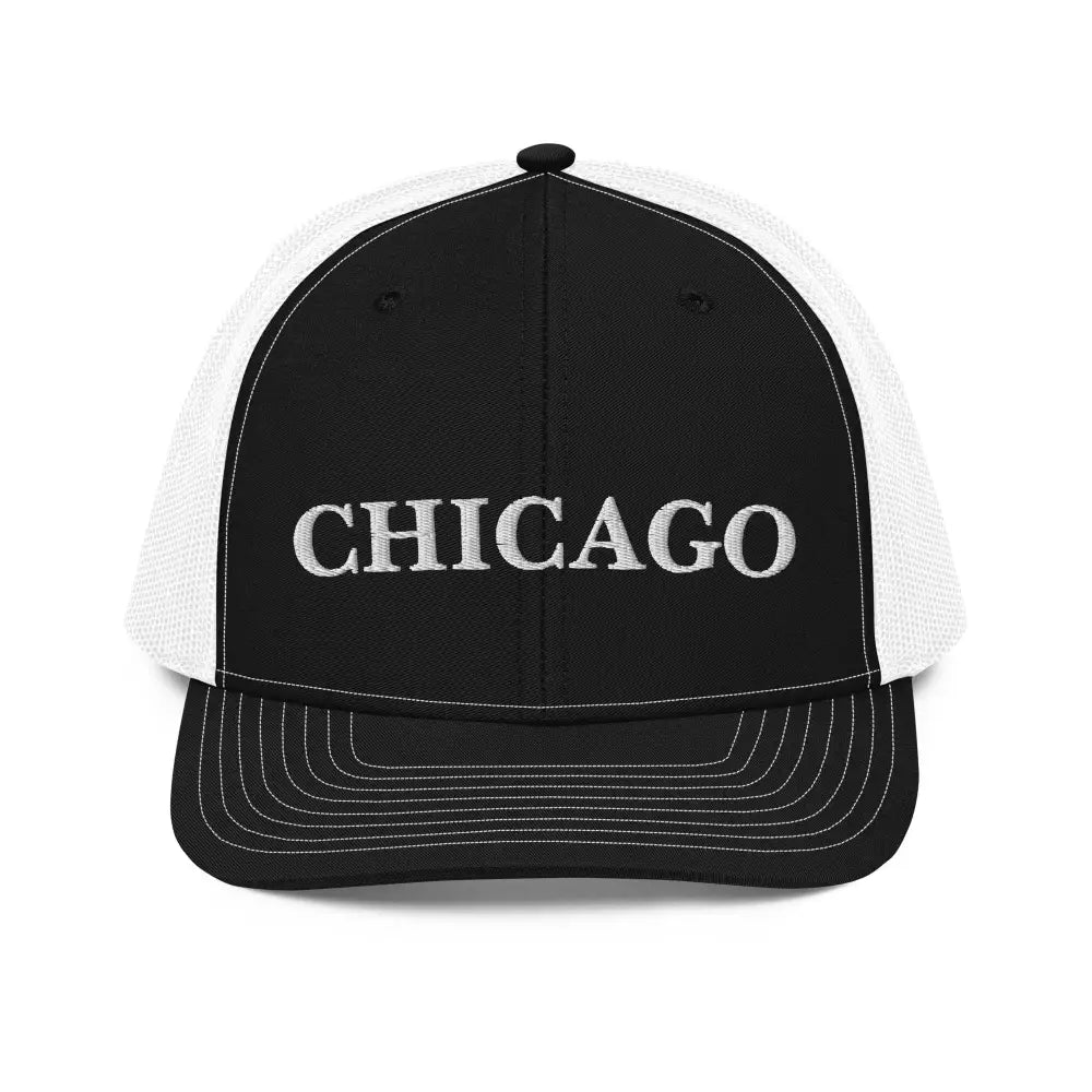 Black and white Chicago embroidered Richardson trucker cap by Trini Skies