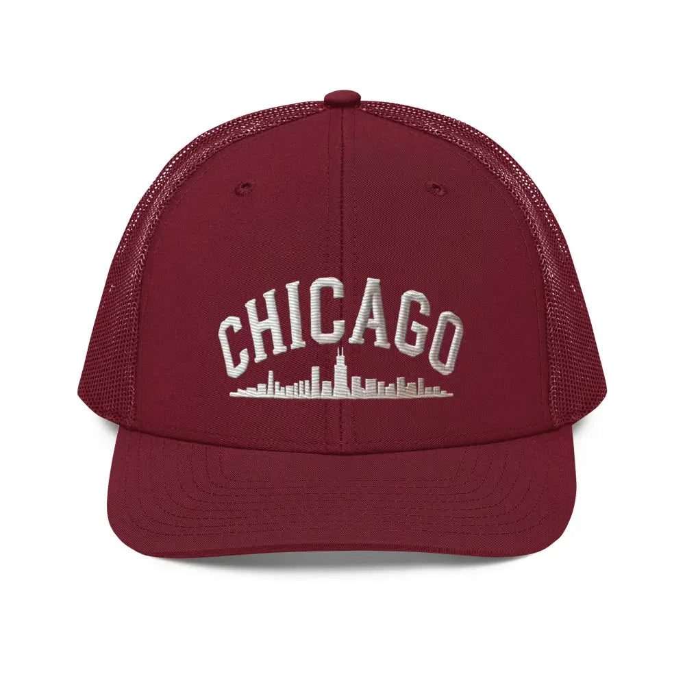 Chicago embroidered Richardson maroon mesh trucker cap with skyline