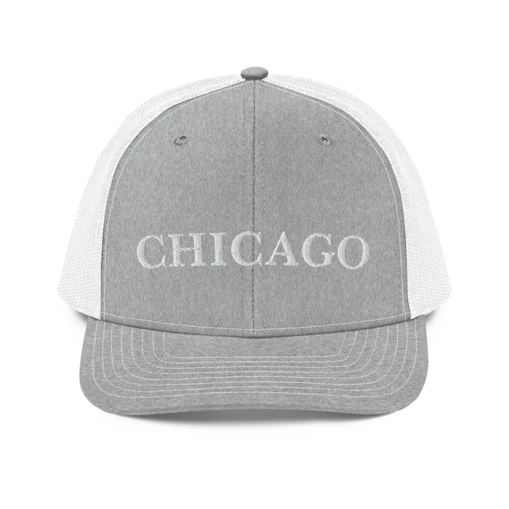 Gray and white Chicago embroidered Richardson trucker cap by Trini Skies