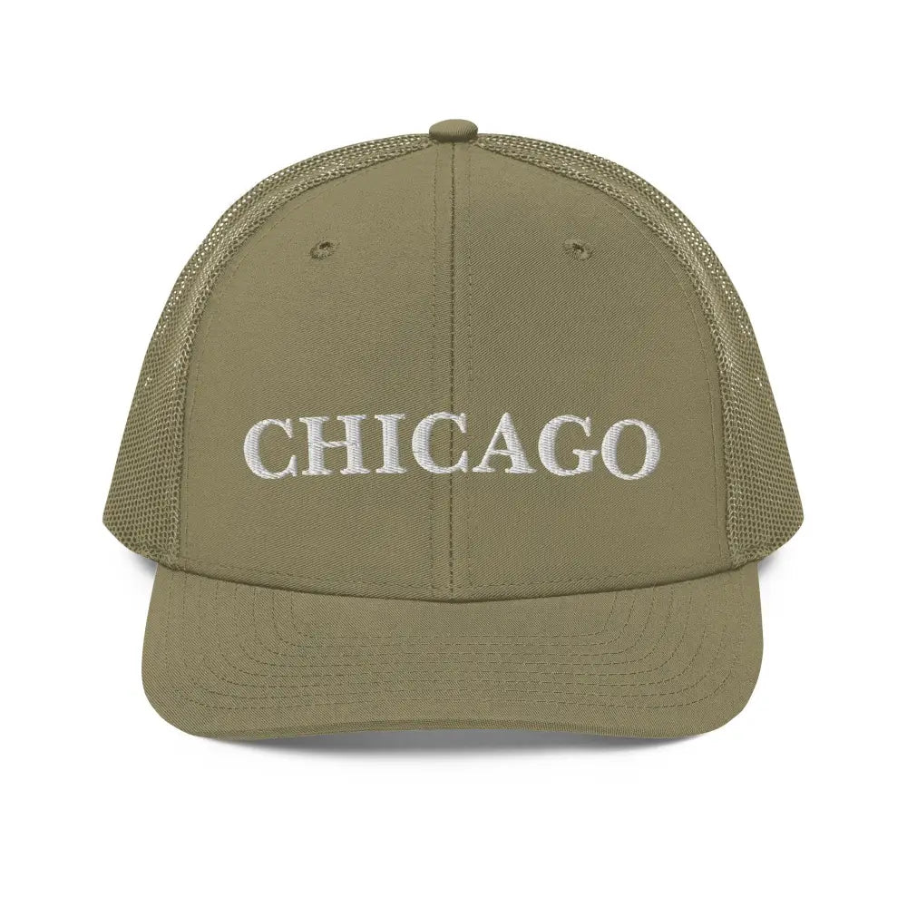 Olive green Chicago embroidered Richardson 112 trucker cap by Trini Skies