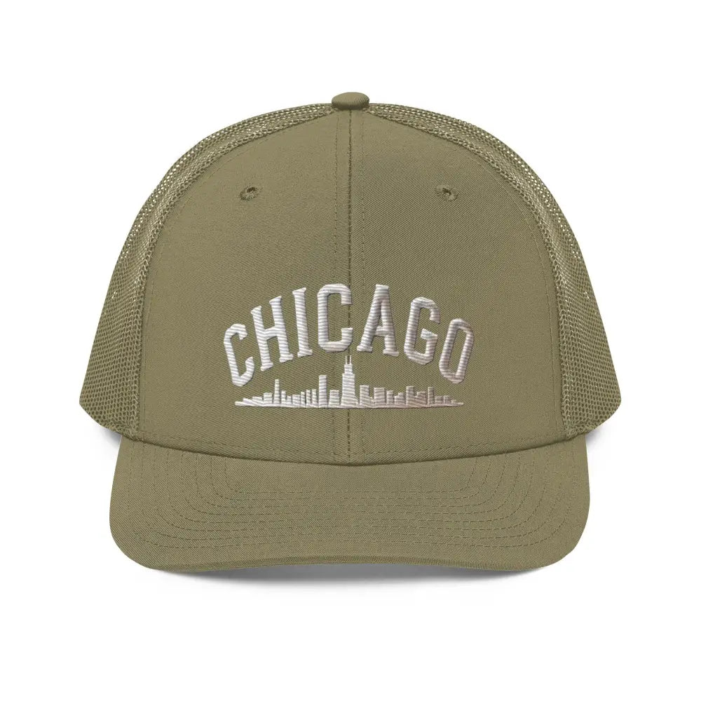 Olive green Chicago embroidered Richardson trucker cap with skyline