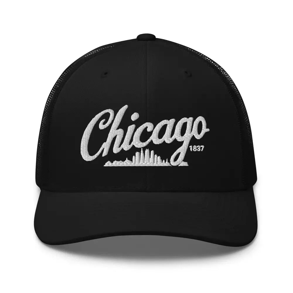 Stylish Chicago embroidered trucker hat with skyline