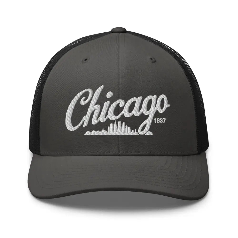 Chicago embroidered trucker hat with 1837 skyline mesh design