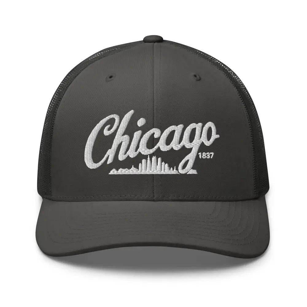 Dark grey Chicago embroidered trucker hat with 1837 skyline
