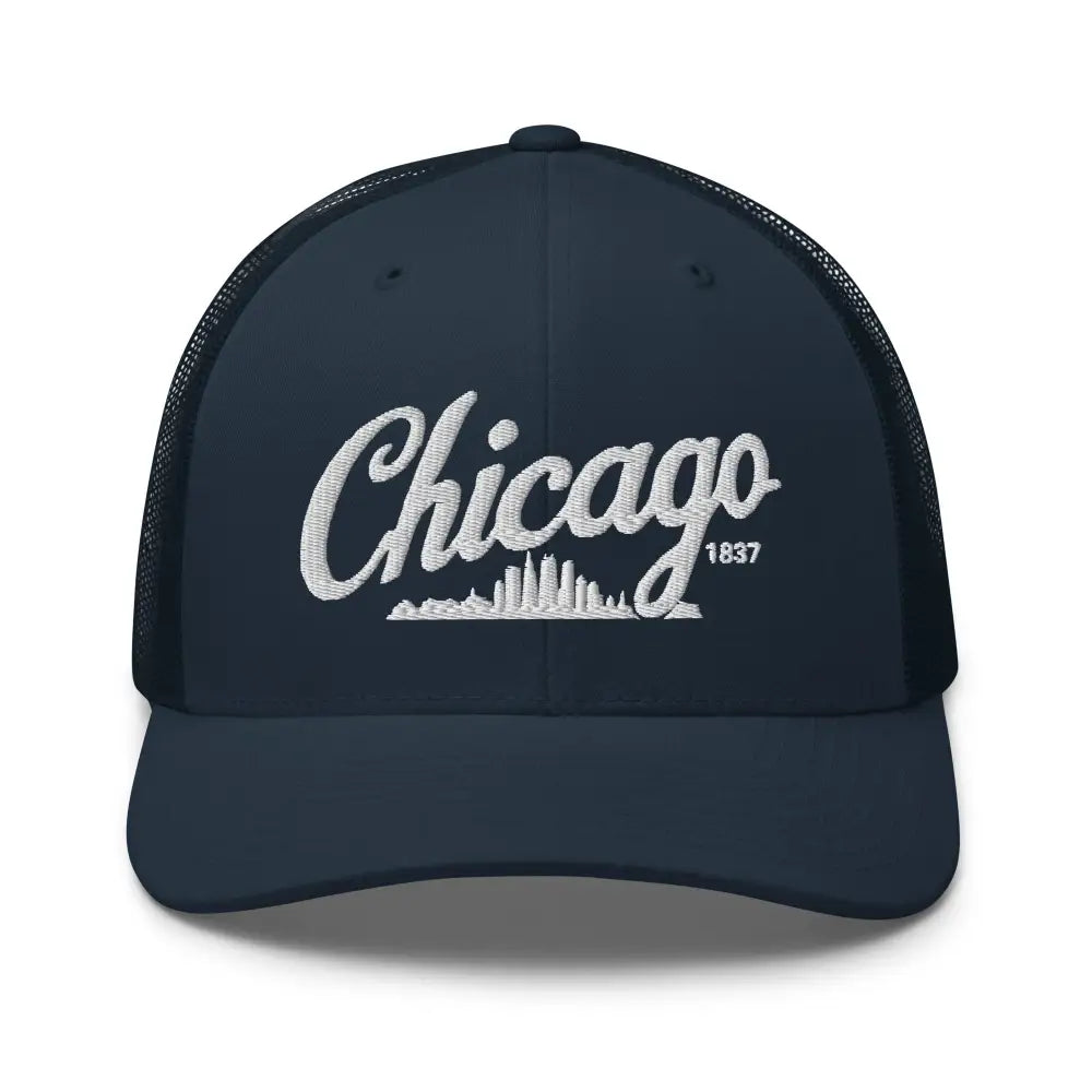 Stylish Chicago embroidered trucker hat with skyline and 1837