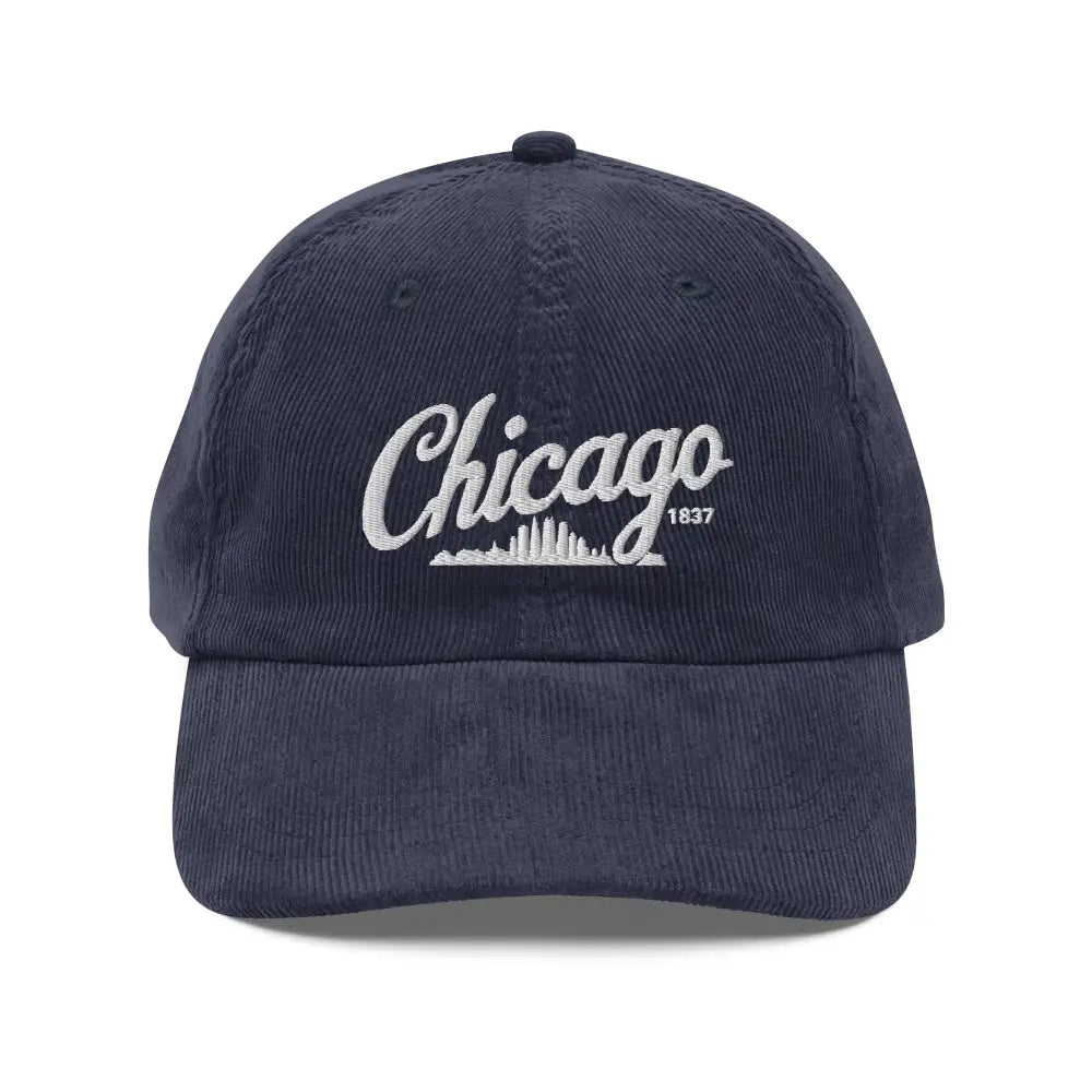 Navy blue Chicago embroidered vintage corduroy cap with skyline