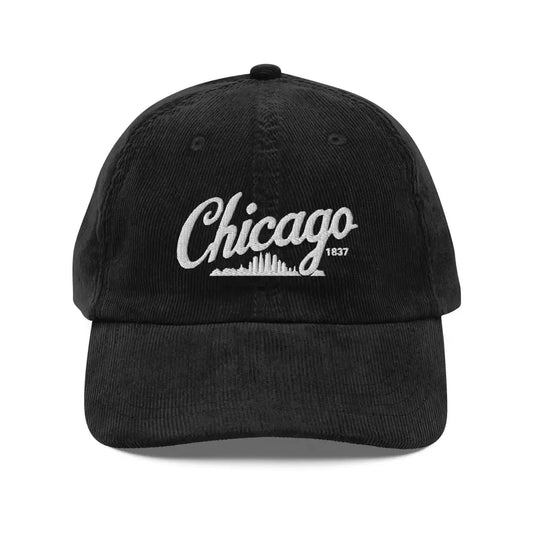 Chicago Embroidered Vintage Corduroy Cap Retro City Skyline Style Hat - Black - Hats black corduroy baseball cap