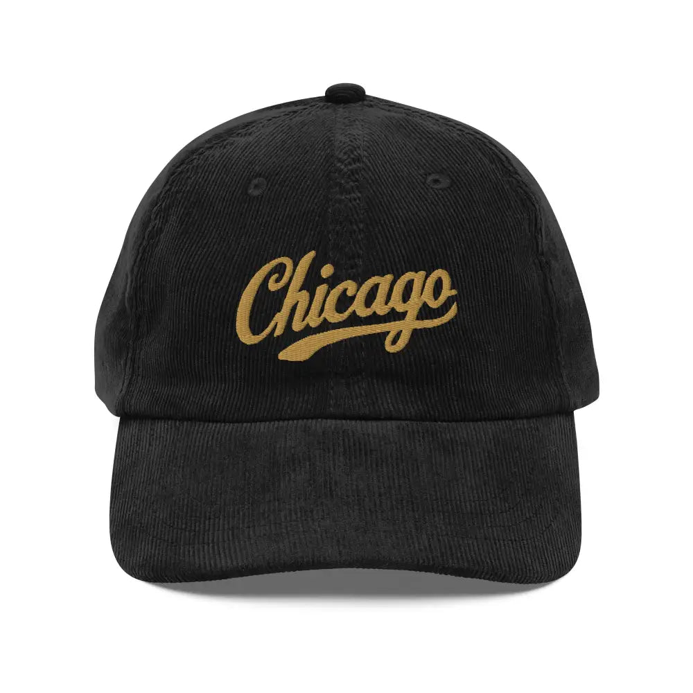 Black corduroy baseball cap with Chicago embroidered in gold