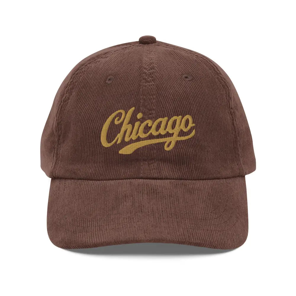 Brown corduroy baseball cap with Chicago embroidered in gold