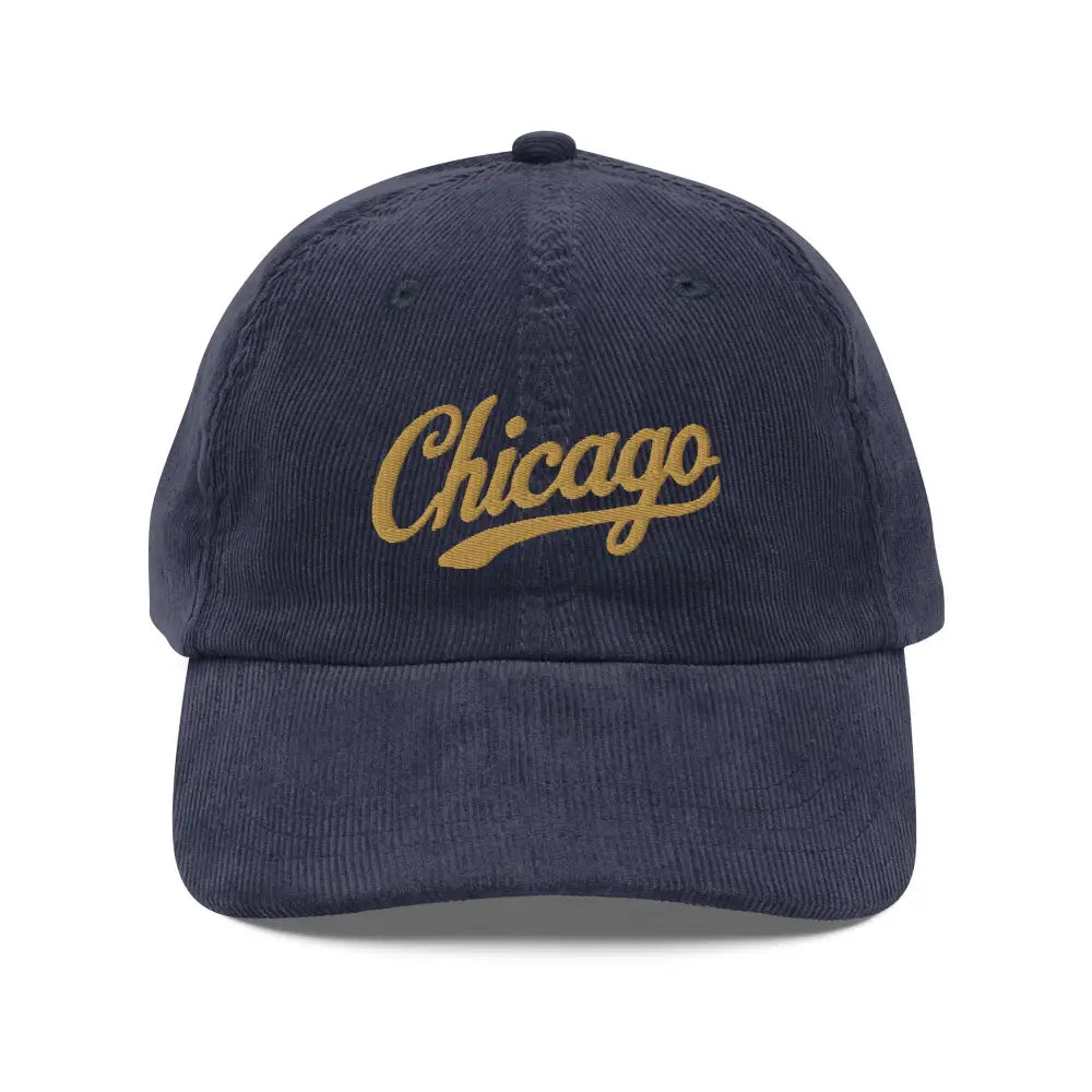 Navy blue Chicago embroidered vintage corduroy cap with gold-colored buckle