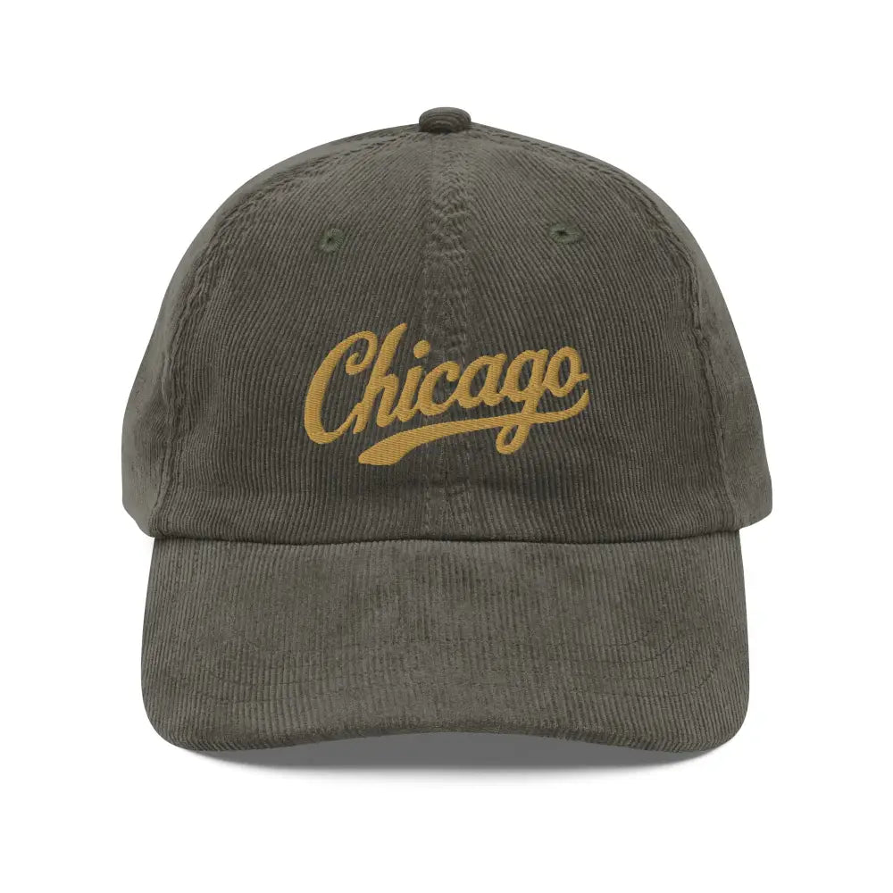 Olive green Chicago embroidered vintage corduroy cap with gold stitching