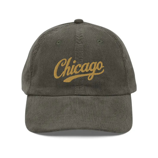 Chicago Embroidered Vintage Corduroy Cap Retro City Style Hat - Olive - Hats olive green corduroy baseball cap 1