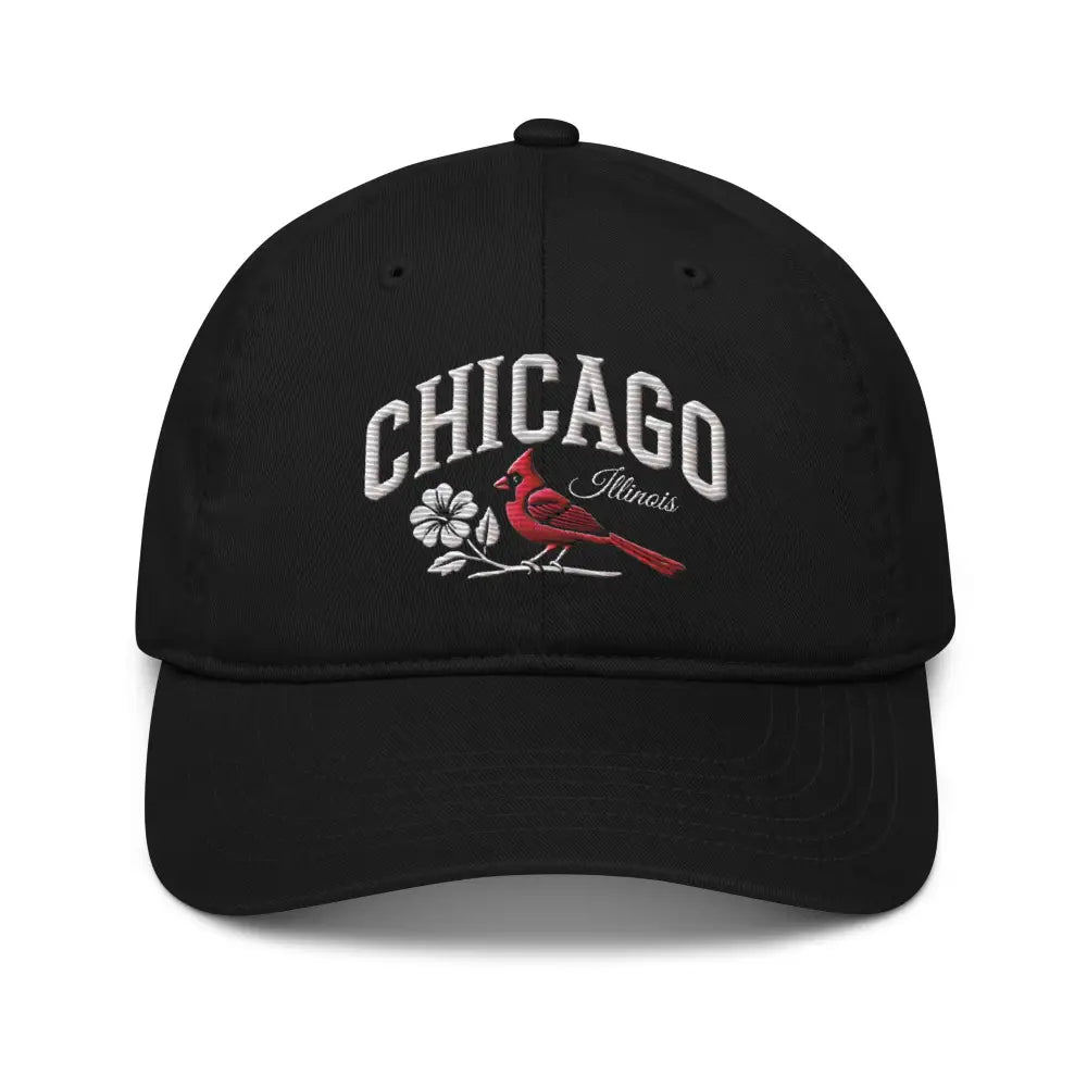 Trini Skies organic dad hat with Illinois cardinal bird embroidery