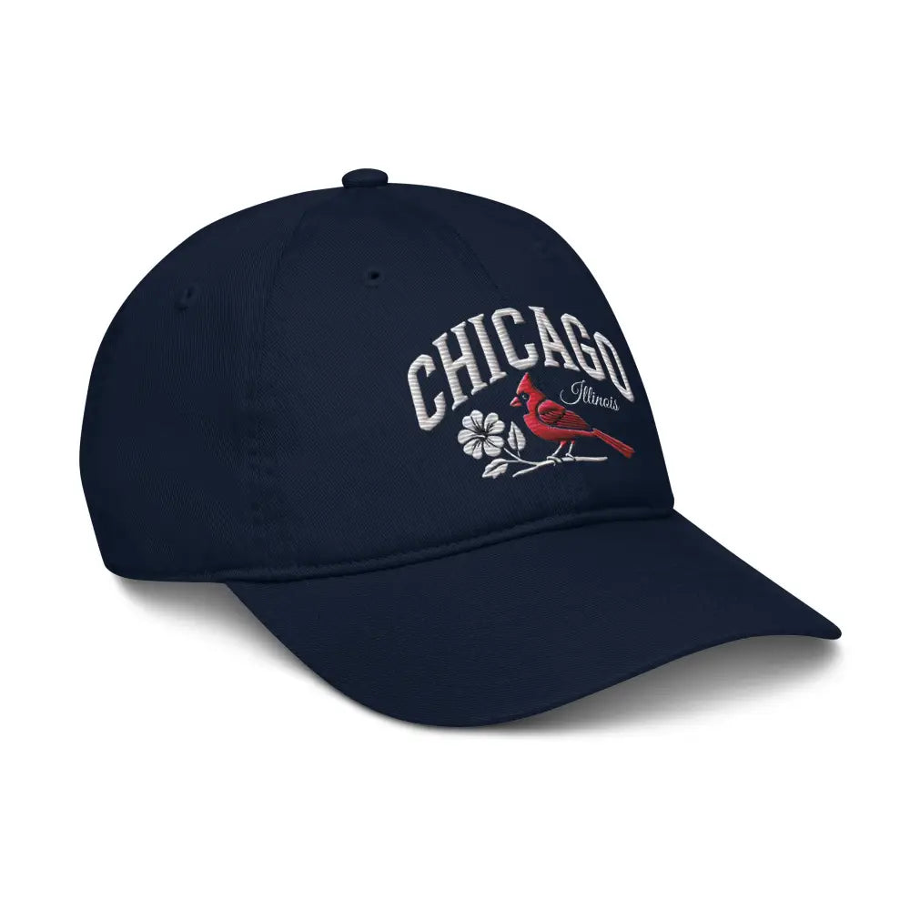 Navy blue organic dad hat with Illinois cardinal bird embroidery by Trini Skies