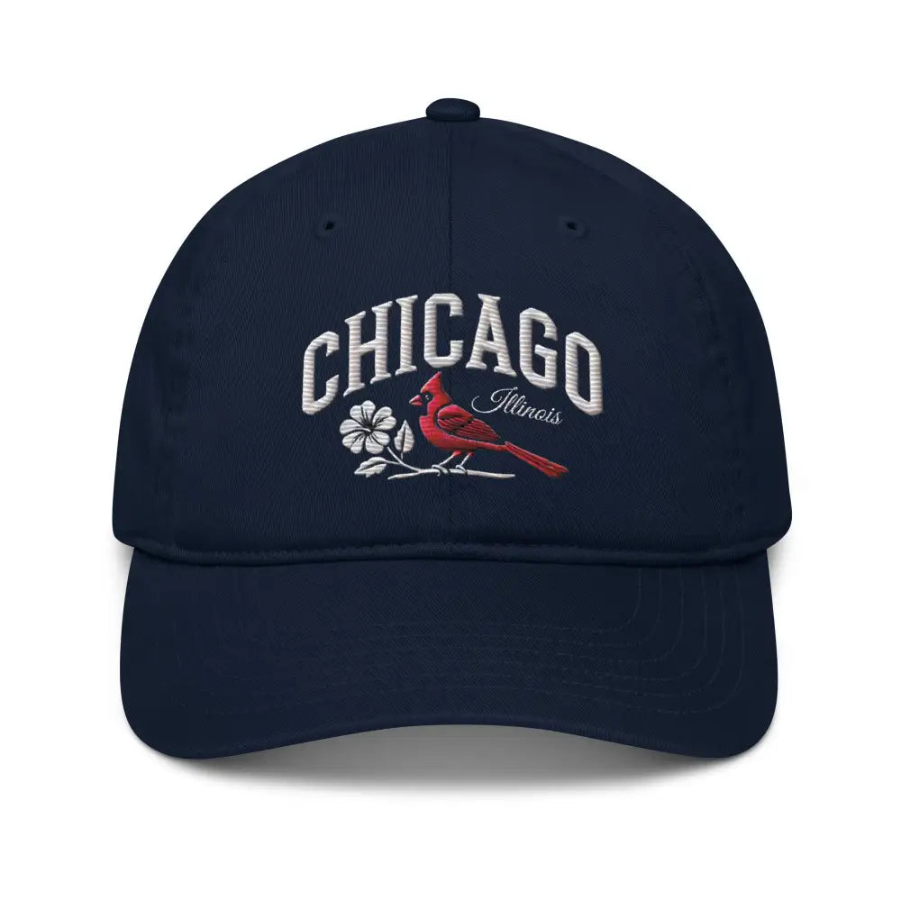 Trini Skies organic dad hat with Chicago Illinois cardinal bird embroidery