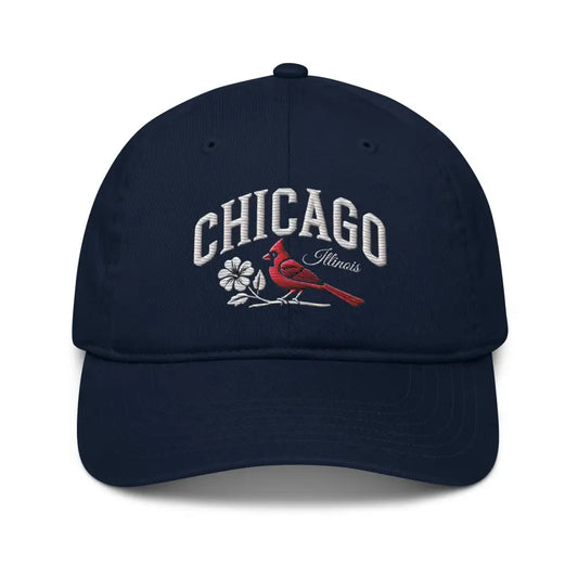 Trini Skies organic dad hat with Chicago Illinois cardinal bird embroidery