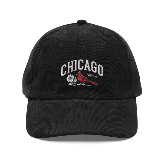Embroidered Chicago Illinois cardinal on vintage corduroy cap