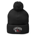 Black knit Chicago Illinois embroidered pom-pom beanie with cardinal bird