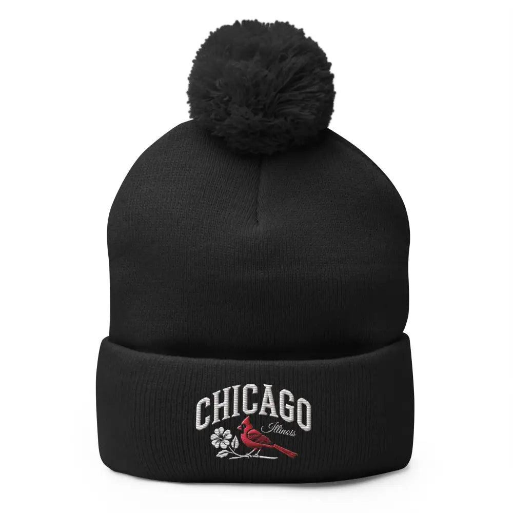 Black knit Chicago Illinois embroidered pom-pom beanie with cardinal bird