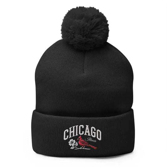 Black knit Chicago Illinois embroidered pom-pom beanie with cardinal bird