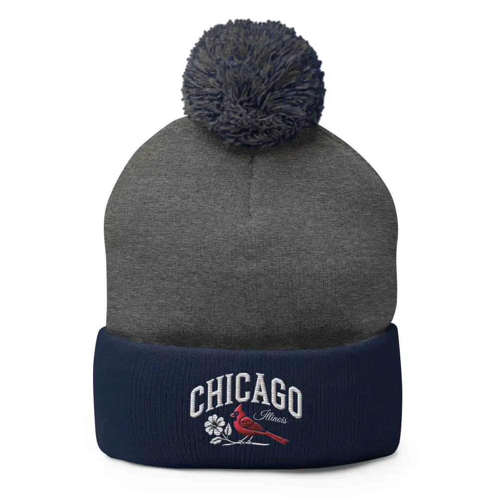 Chicago Illinois embroidered pom-pom beanie with cardinal design