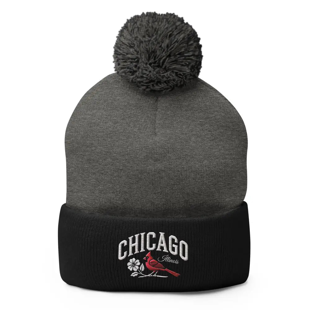 Chicago Illinois embroidered pom-pom beanie with cardinal design