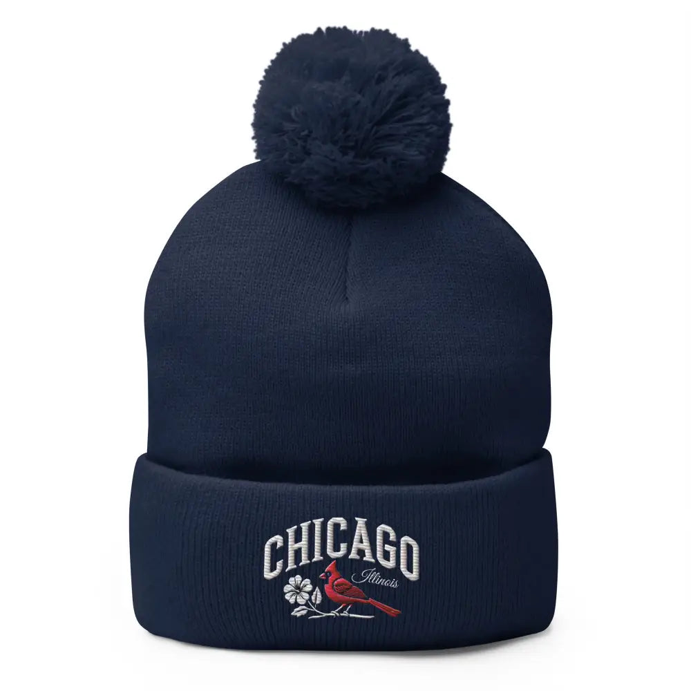 Chicago Illinois embroidered navy blue pom-pom beanie with cardinal bird