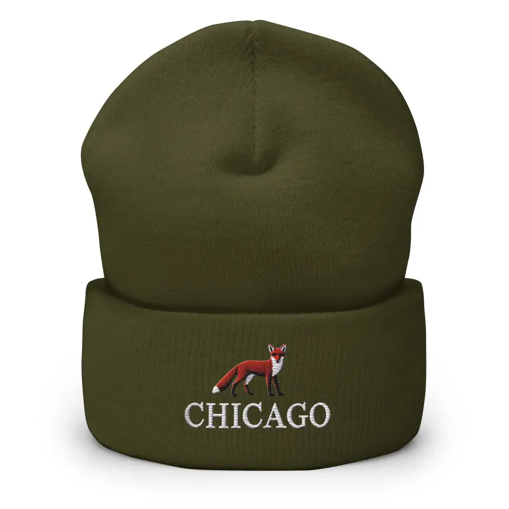 Trini Skies Chicago red fox embroidered olive green beanie