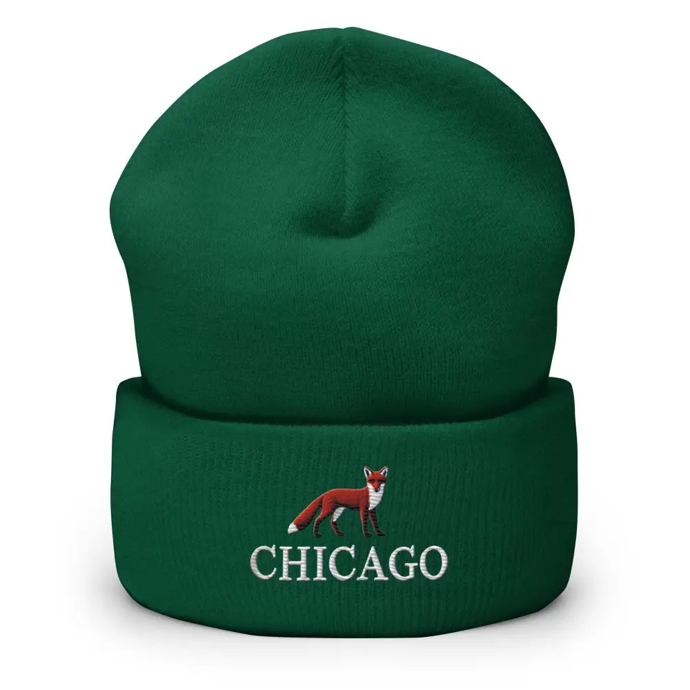 Green Trini Skies red fox embroidered cuffed beanie