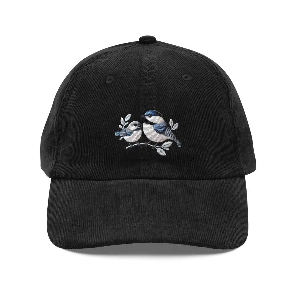 Black vintage corduroy cap with embroidered blue birds on branch