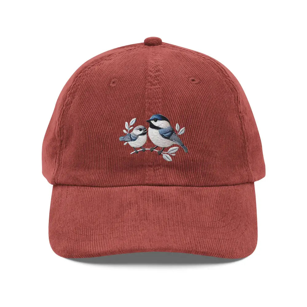 Terracotta vintage corduroy cap with birds on branch embroidery