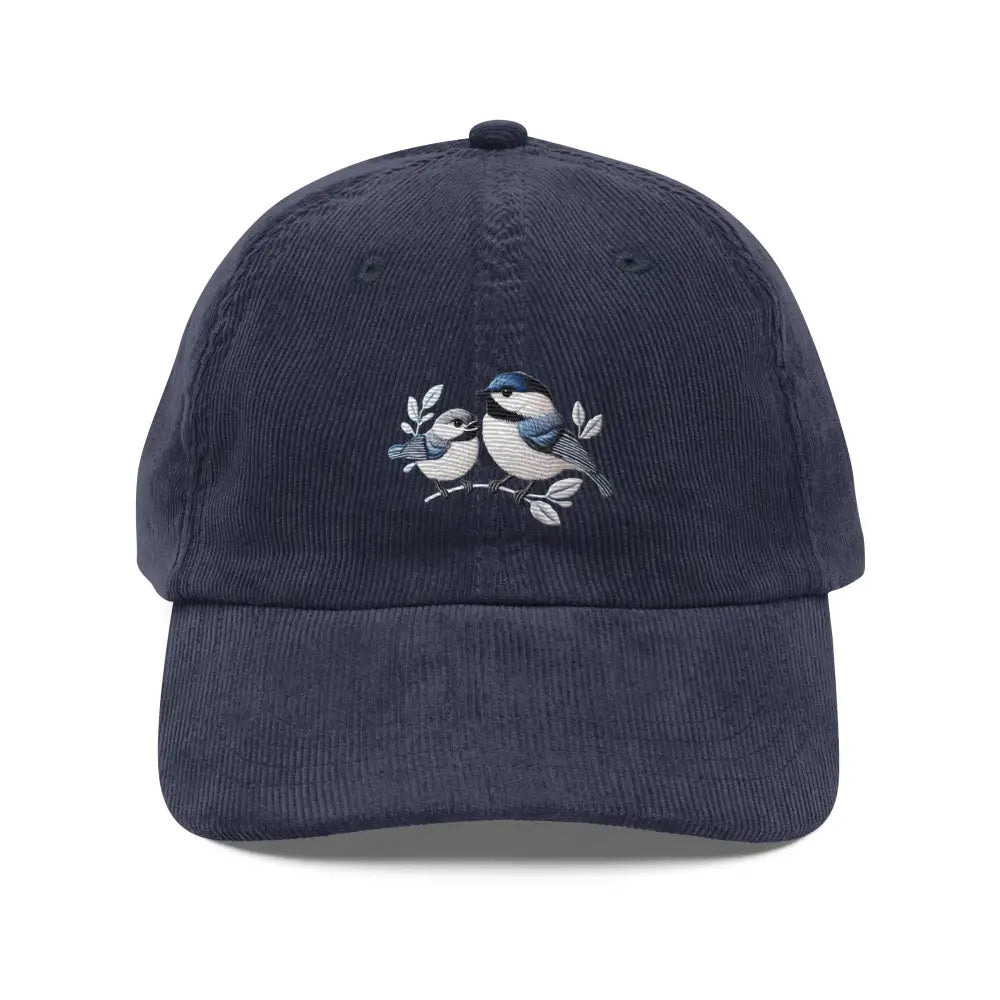 Navy blue vintage corduroy cap with birds on branch embroidery