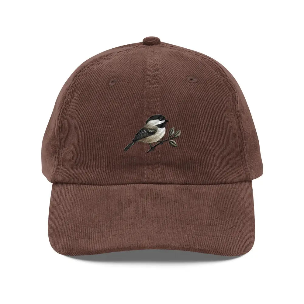 Chickadee embroidered vintage corduroy baseball cap with bird on branch