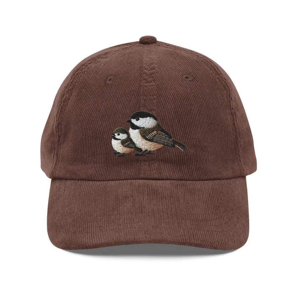 Vintage corduroy baseball cap with embroidered chickadee birds