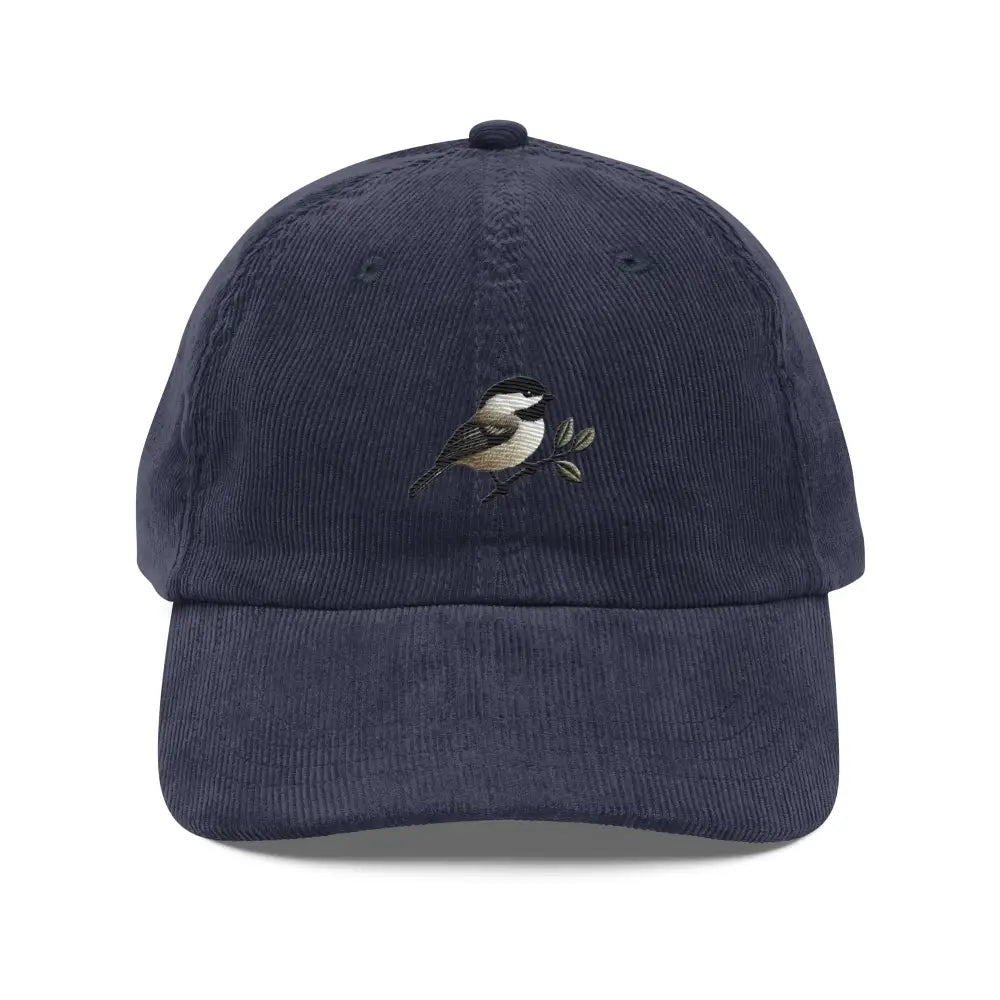 Chickadee embroidered vintage corduroy navy blue baseball cap