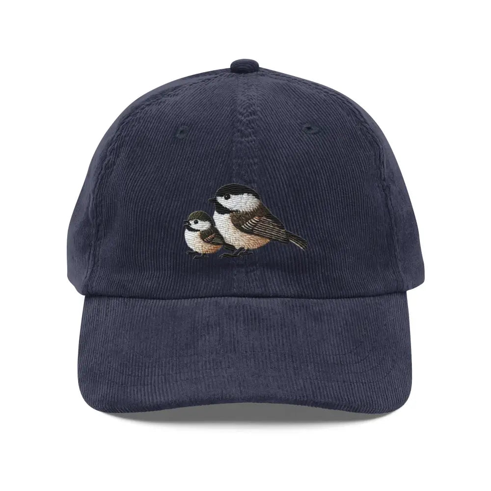 Navy blue vintage corduroy embroidered chickadee baseball cap
