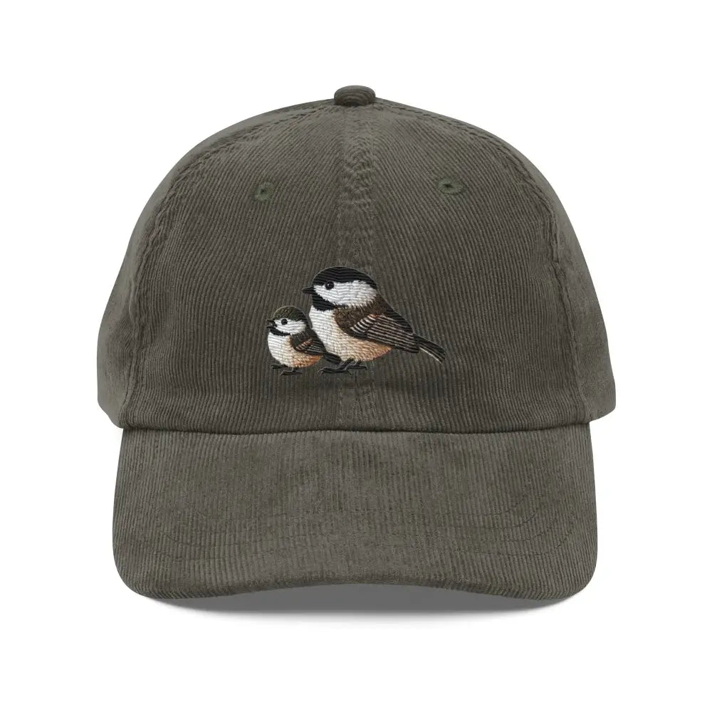 Vintage corduroy baseball cap with embroidered chickadees