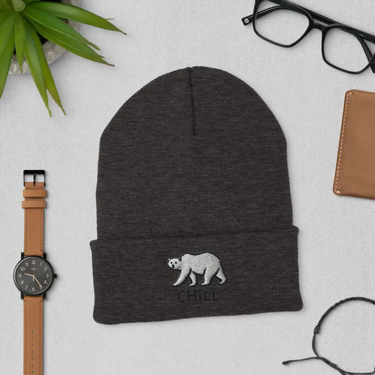 Dark grey turbo acrylic form-fitting beanie with embroidered polar bear