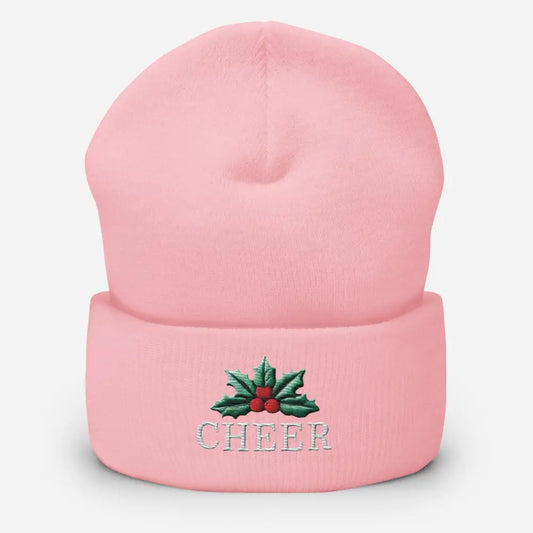 Christmas Cheer Cuffed pink beanie with embroidered holly berries