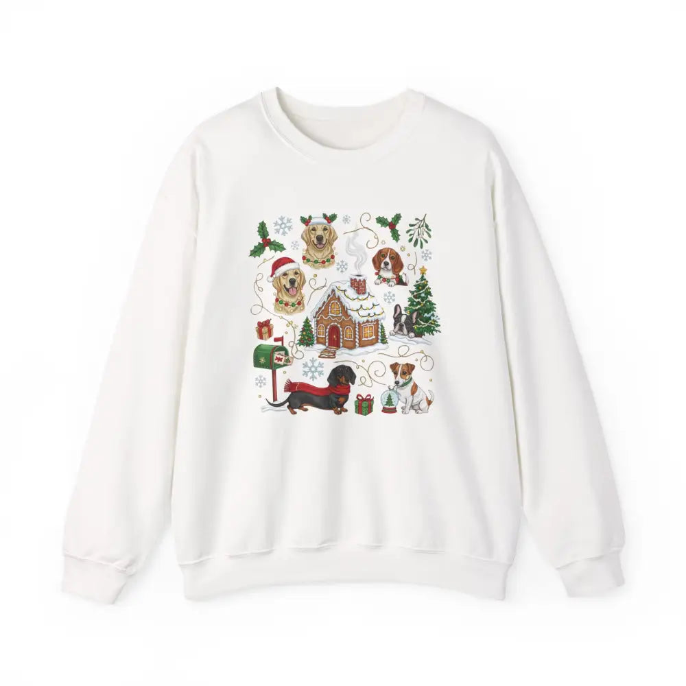 White Christmas dog sweatshirt with cute holiday gingerbread house design
