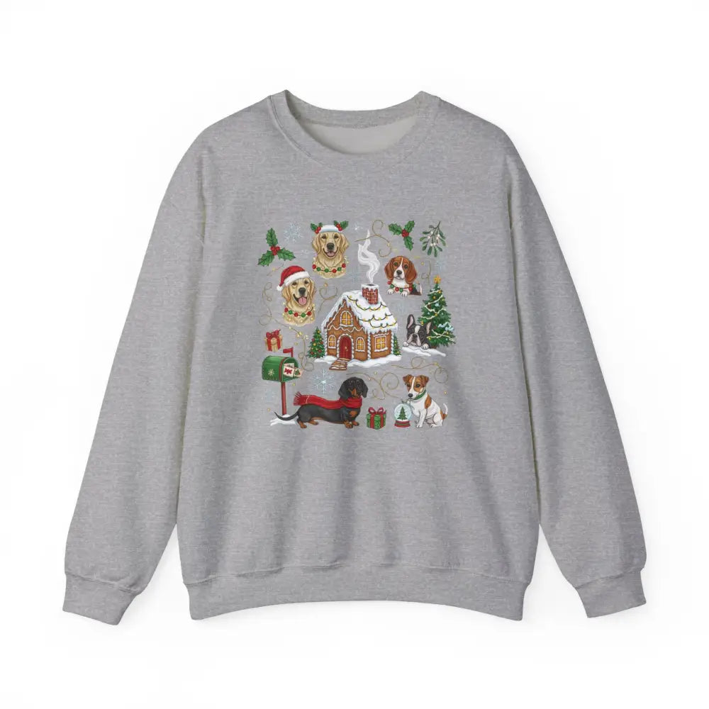 Gray Christmas Dog Sweatshirt with colorful holiday dog and gingerbread house graphic