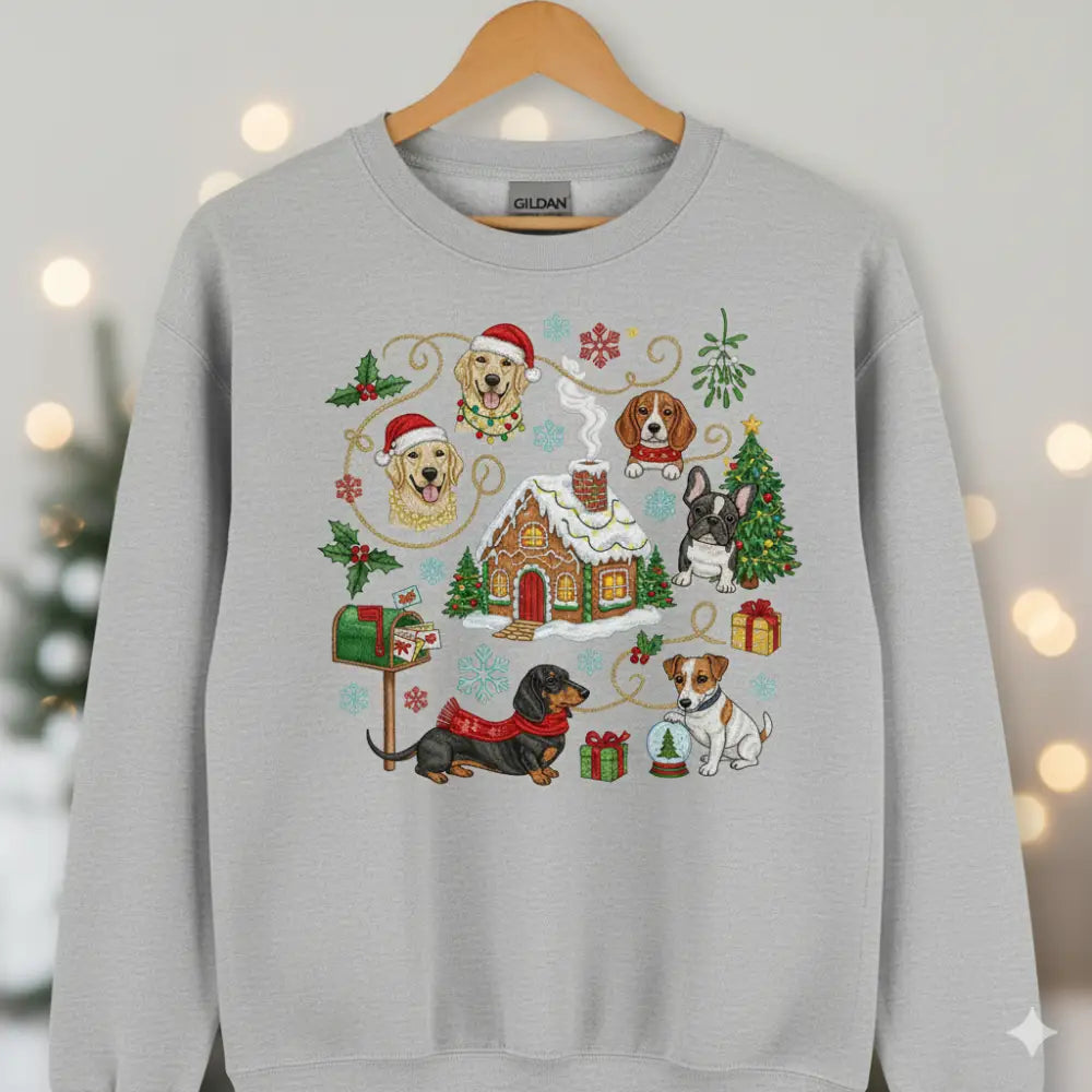 Grey Christmas Dog Sweatshirt with colorful dog breeds and gingerbread house design