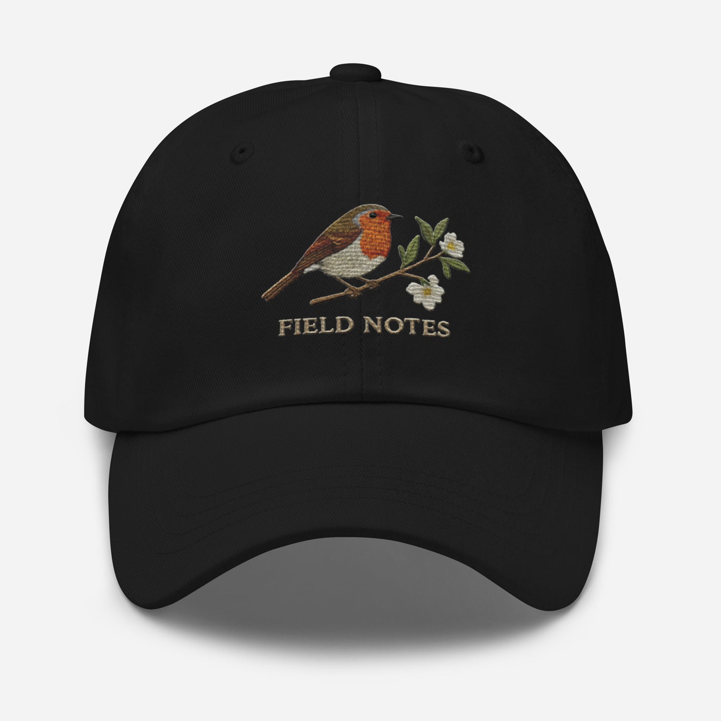 Black bird and flowers embroidered dad hat on vintage cotton twill