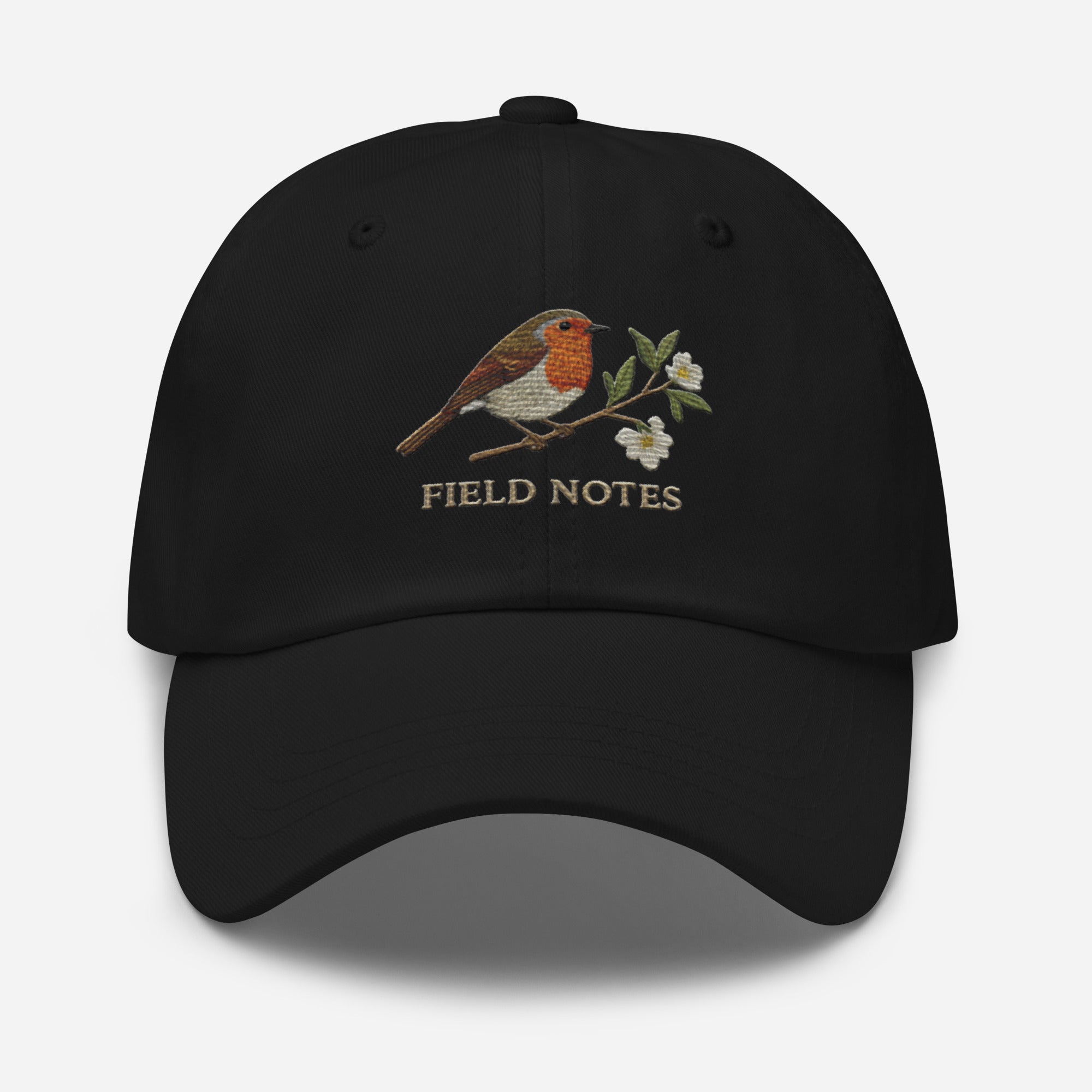 Black bird and flowers embroidered dad hat on vintage cotton twill